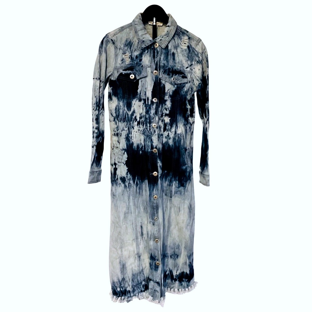 Indigo thread CO distress denim maxi dress button Y2k Boho long jacket frayed S
